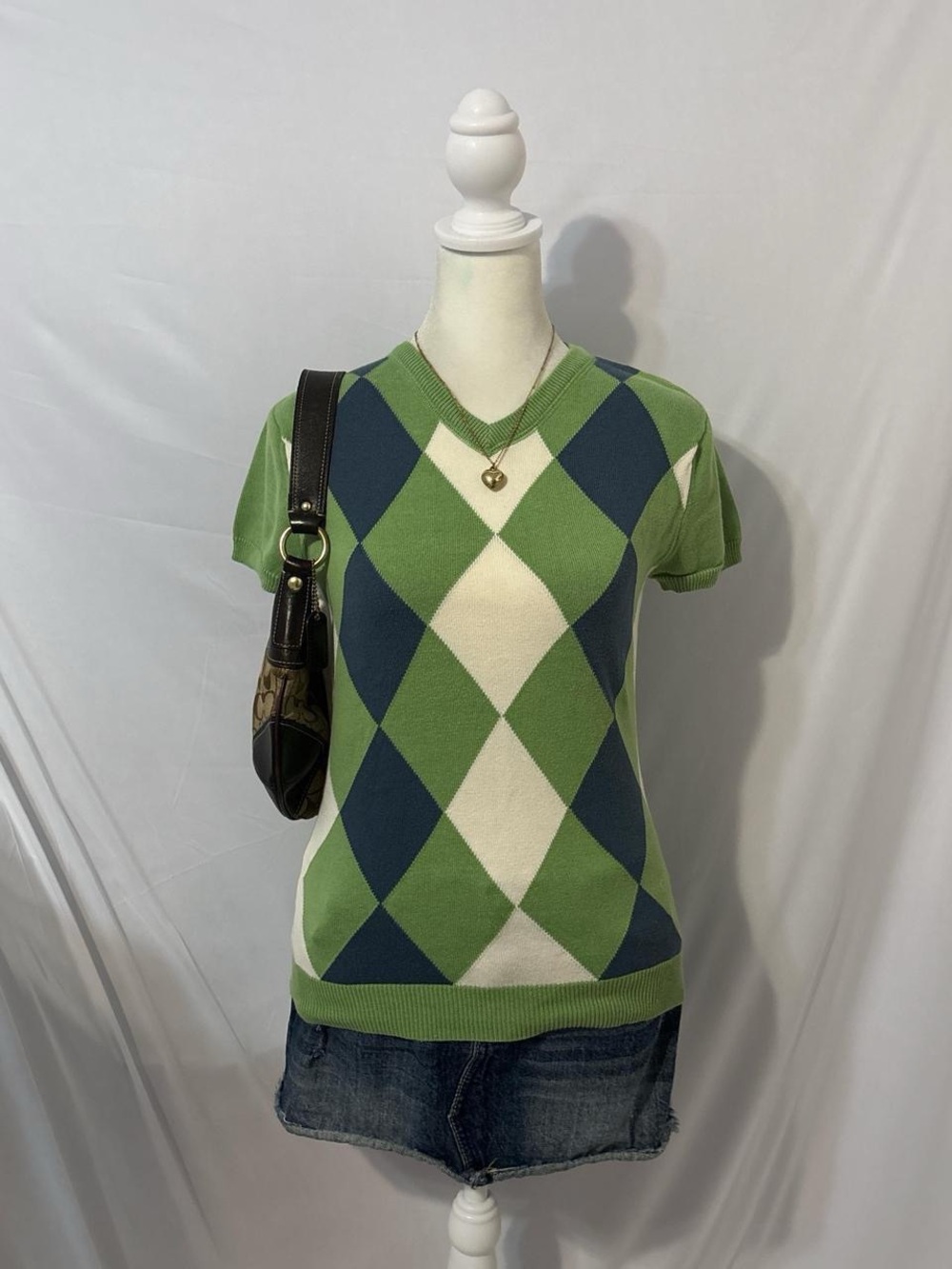 Vintage Y2K Preppy Green Argyle Sweater Top